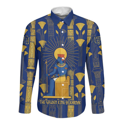 Amun Long Sleeve Button Shirt Ancient Egyptian Hieroglyphic, Pharaoh and Scarab - African Pride