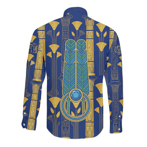 Amun Long Sleeve Button Shirt Ancient Egyptian Hieroglyphic, Pharaoh and Scarab - African Pride