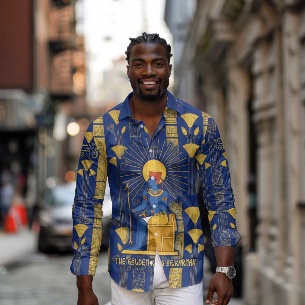 Amun Long Sleeve Button Shirt Ancient Egyptian Hieroglyphic, Pharaoh and Scarab - African Pride