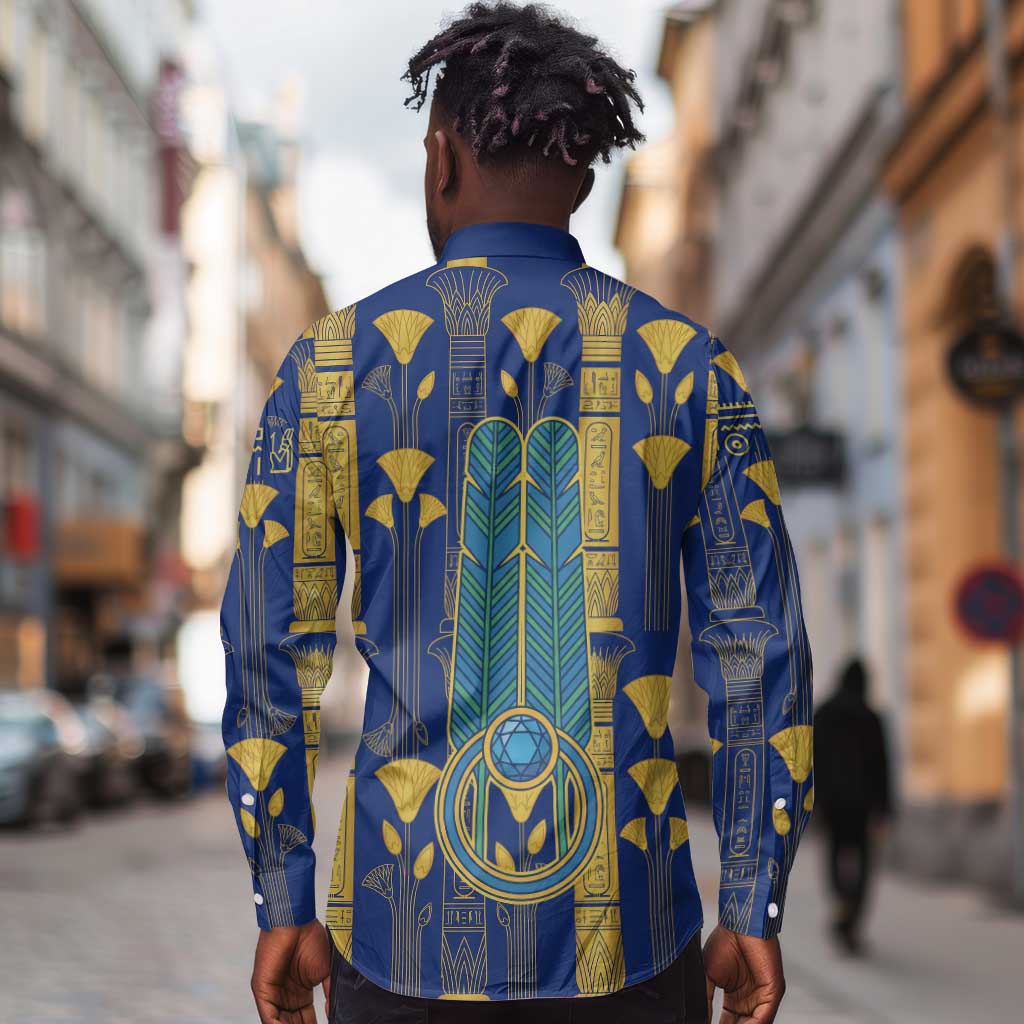 Amun Long Sleeve Button Shirt Ancient Egyptian Hieroglyphic, Pharaoh and Scarab - African Pride