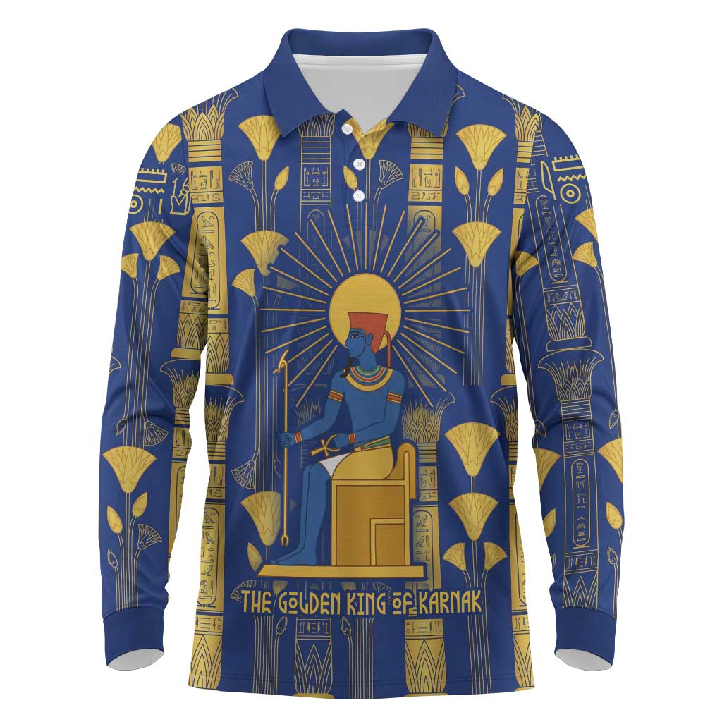 Amun Long Sleeve Polo Shirt Ancient Egyptian Hieroglyphic, Pharaoh and Scarab - African Pride