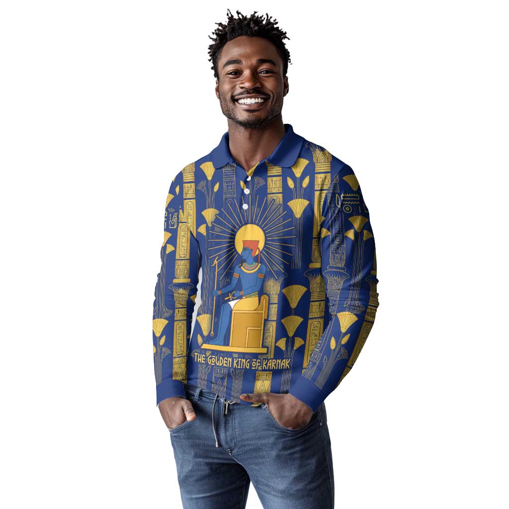 Amun Long Sleeve Polo Shirt Ancient Egyptian Hieroglyphic, Pharaoh and Scarab - African Pride