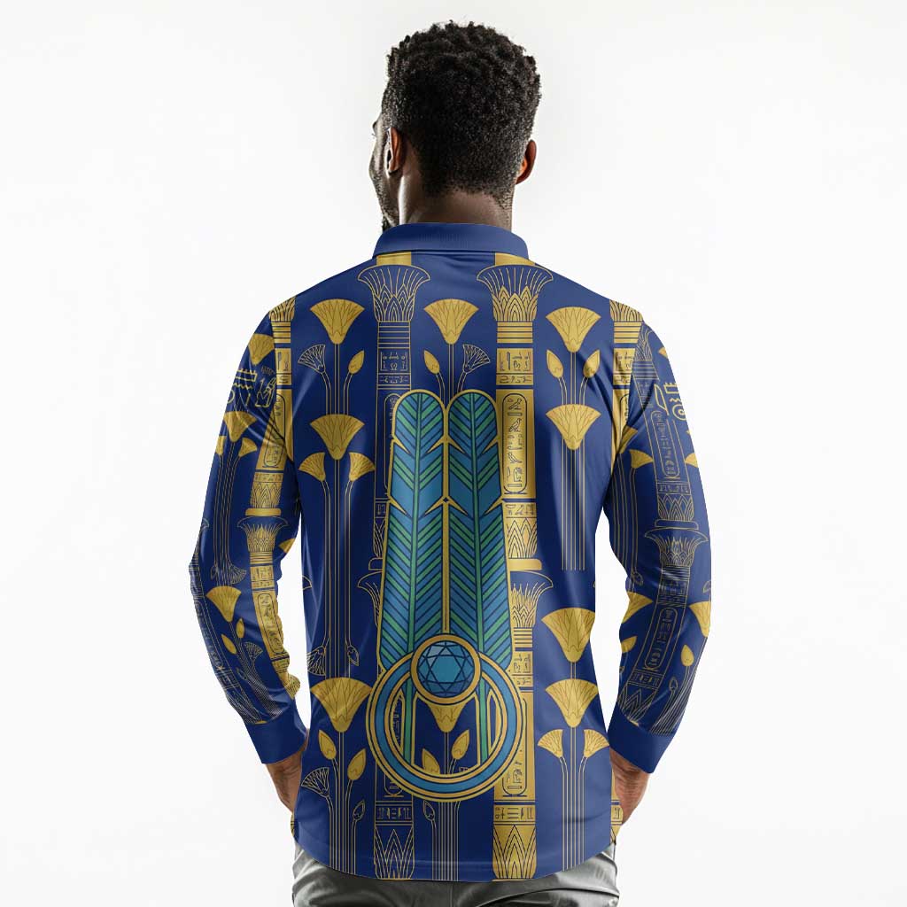 Amun Long Sleeve Polo Shirt Ancient Egyptian Hieroglyphic, Pharaoh and Scarab - African Pride