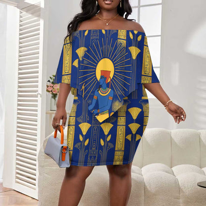 Amun Off Shoulder Short Dress Ancient Egyptian Hieroglyphic, Pharaoh and Scarab - African Pride