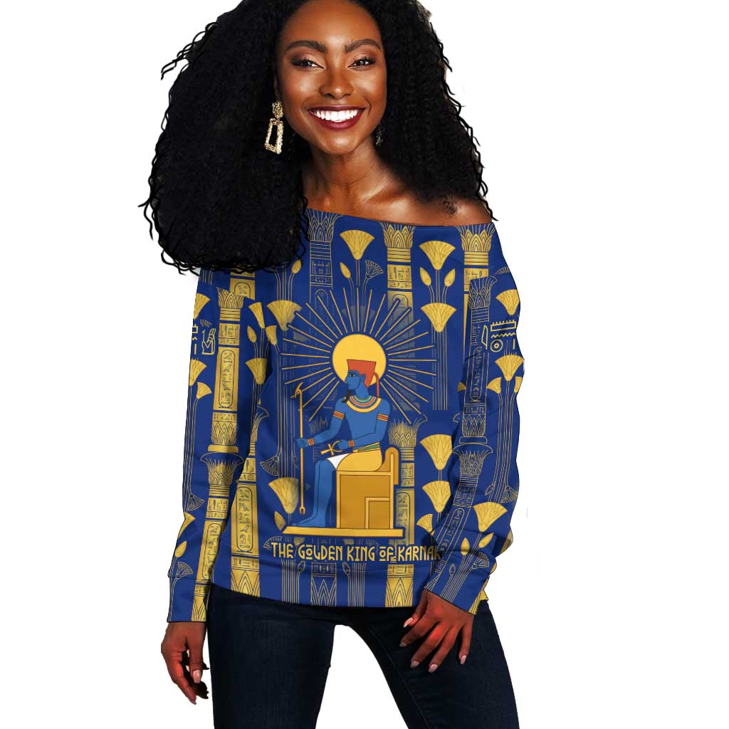 Amun Off Shoulder Sweater Ancient Egyptian Hieroglyphic, Pharaoh and Scarab - African Pride