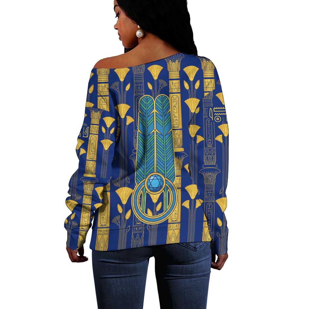 Amun Off Shoulder Sweater Ancient Egyptian Hieroglyphic, Pharaoh and Scarab - African Pride