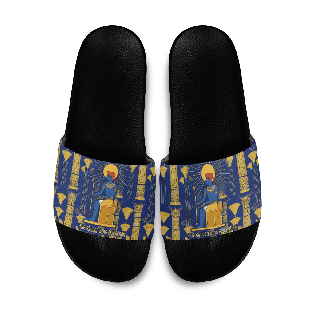 Amun Slide Sandals Ancient Egyptian Hieroglyphic, Pharaoh and Scarab - African Pride