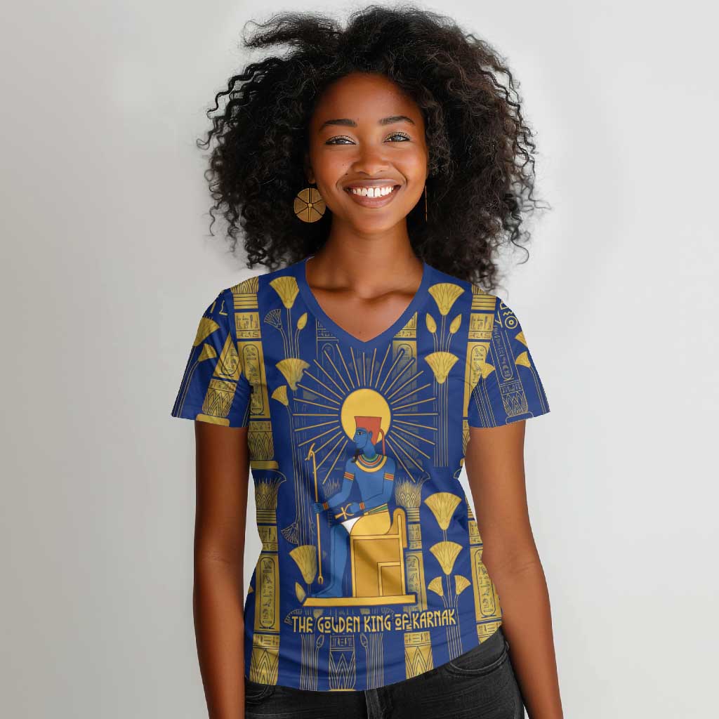 Amun Women V-Neck T-Shirt Ancient Egyptian Hieroglyphic, Pharaoh and Scarab - African Pride