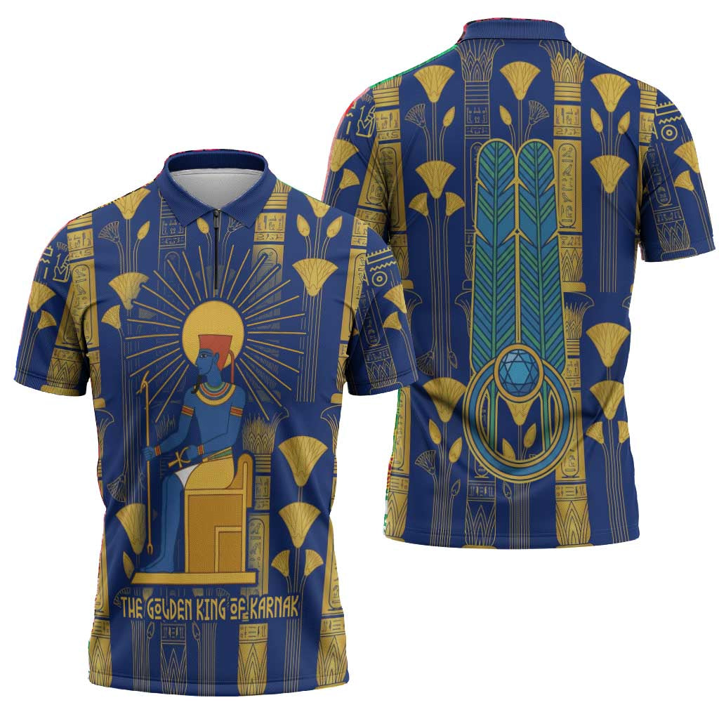 Amun Zipper Polo Shirt Ancient Egyptian Hieroglyphic, Pharaoh and Scarab - African Pride