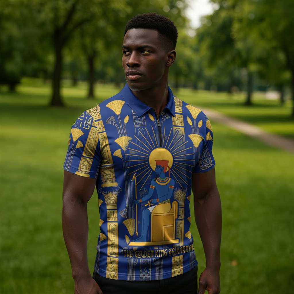 Amun Zipper Polo Shirt Ancient Egyptian Hieroglyphic, Pharaoh and Scarab - African Pride