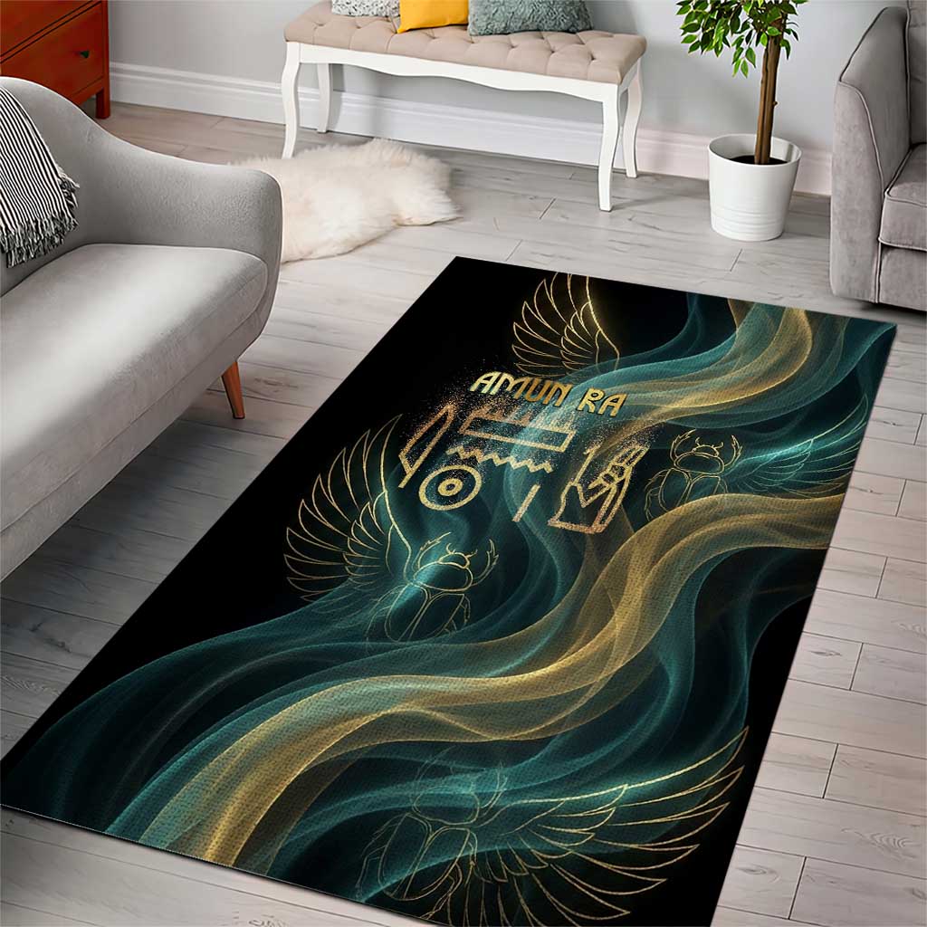 Amun Ancient Egyptian Area Rug with Mystical Smoke Swirl Pattern, Fiery Ram Head, and Hieroglyphic - African Pride