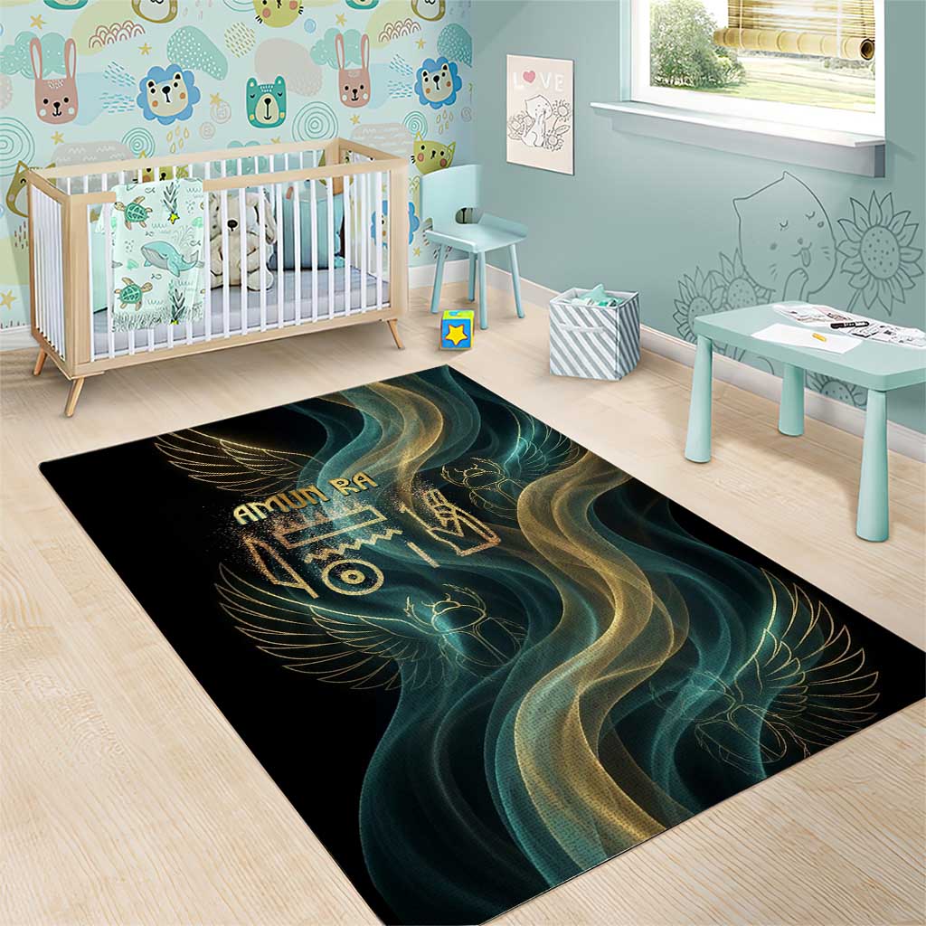Amun Ancient Egyptian Area Rug with Mystical Smoke Swirl Pattern, Fiery Ram Head, and Hieroglyphic - African Pride