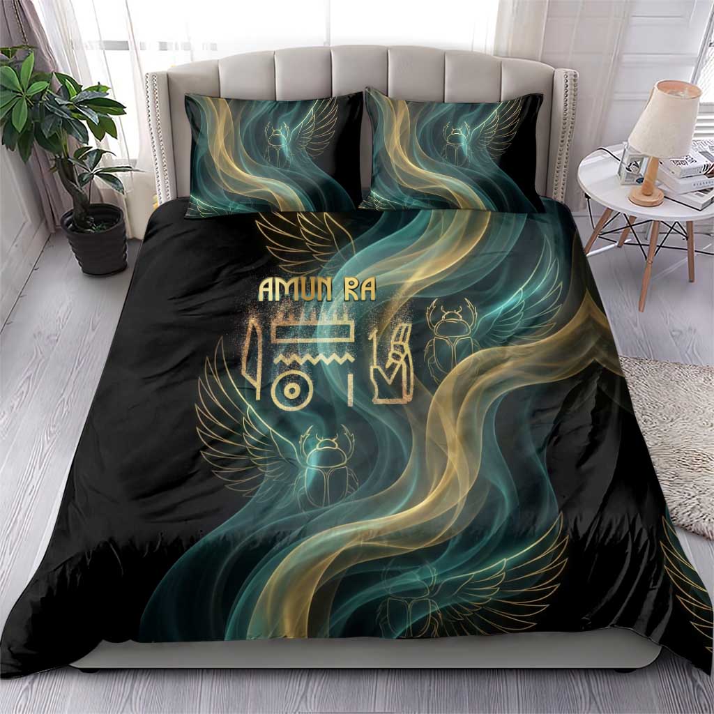 Amun Ancient Egyptian Bedding Set with Mystical Smoke Swirl Pattern, Fiery Ram Head, and Hieroglyphic - African Pride