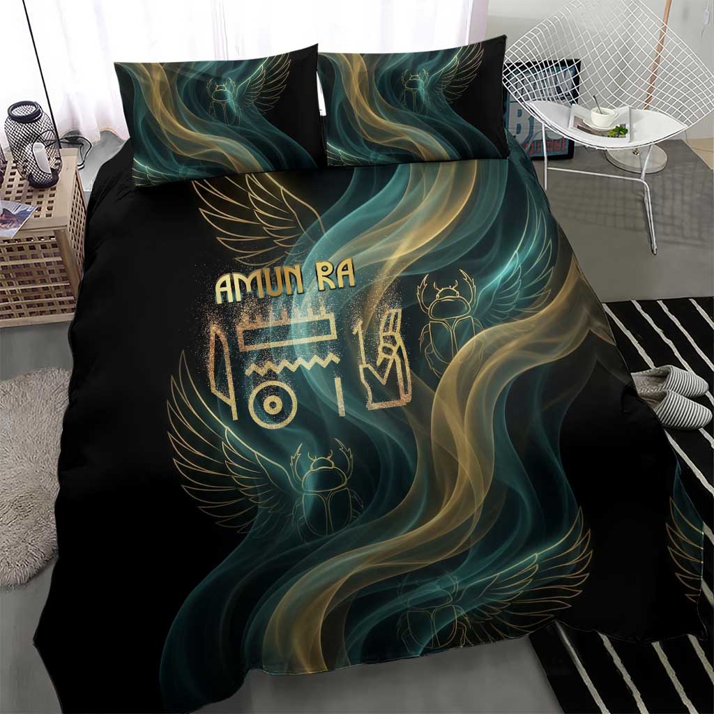 Amun Ancient Egyptian Bedding Set with Mystical Smoke Swirl Pattern, Fiery Ram Head, and Hieroglyphic - African Pride