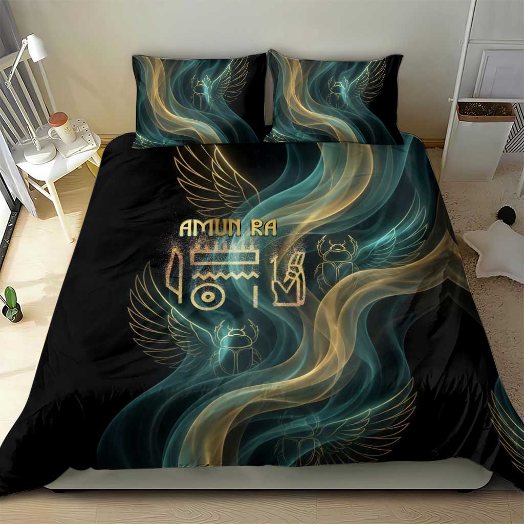 Amun Ancient Egyptian Bedding Set with Mystical Smoke Swirl Pattern, Fiery Ram Head, and Hieroglyphic - African Pride