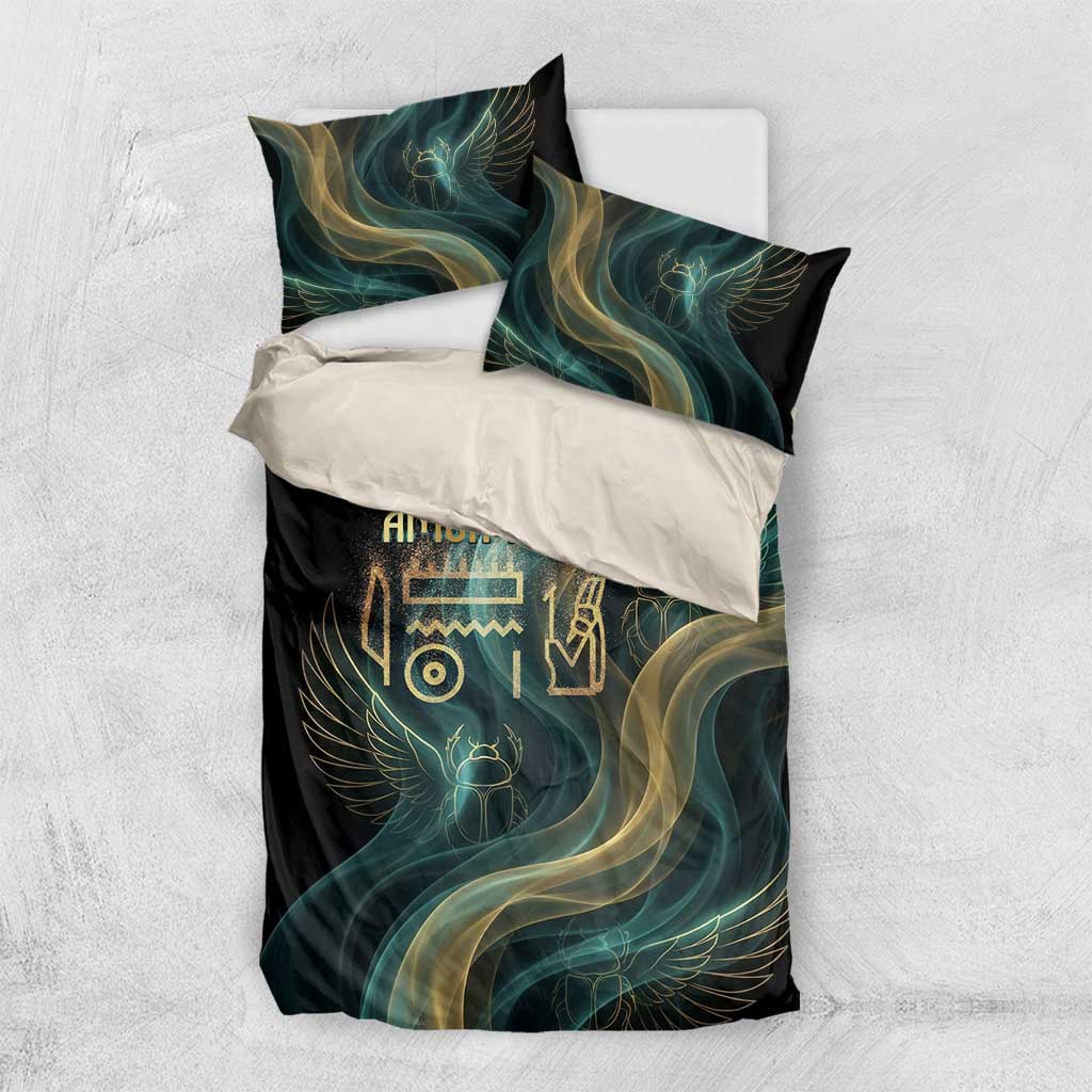 Amun Ancient Egyptian Bedding Set with Mystical Smoke Swirl Pattern, Fiery Ram Head, and Hieroglyphic - African Pride