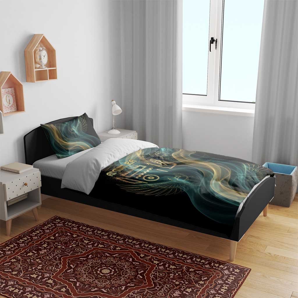Amun Ancient Egyptian Bedding Set with Mystical Smoke Swirl Pattern, Fiery Ram Head, and Hieroglyphic - African Pride