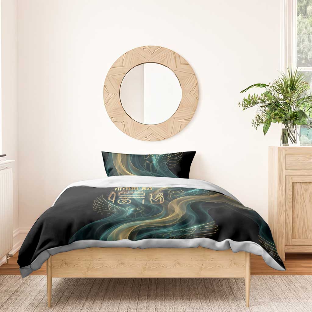 Amun Ancient Egyptian Bedding Set with Mystical Smoke Swirl Pattern, Fiery Ram Head, and Hieroglyphic - African Pride