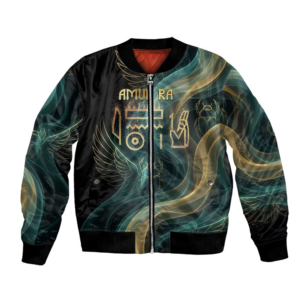 Amun Ancient Egyptian Bomber Jacket with Mystical Smoke Swirl Pattern, Fiery Ram Head, and Hieroglyphic - African Pride