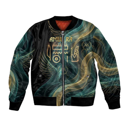 Amun Ancient Egyptian Bomber Jacket with Mystical Smoke Swirl Pattern, Fiery Ram Head, and Hieroglyphic - African Pride