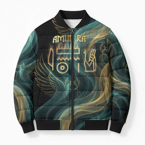Amun Ancient Egyptian Bomber Puffer Jacket with Mystical Smoke Swirl Pattern, Fiery Ram Head, and Hieroglyphic - African Pride
