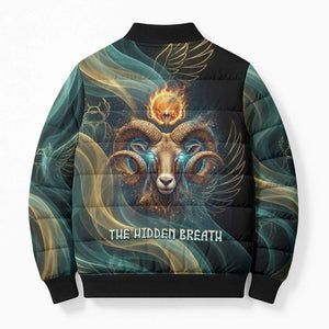 Amun Ancient Egyptian Bomber Puffer Jacket with Mystical Smoke Swirl Pattern, Fiery Ram Head, and Hieroglyphic - African Pride