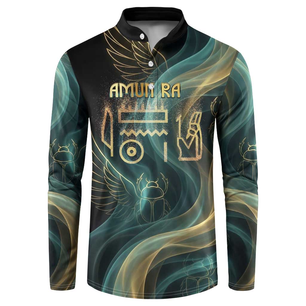 Amun Ancient Egyptian Button Sweatshirt with Mystical Smoke Swirl Pattern, Fiery Ram Head, and Hieroglyphic