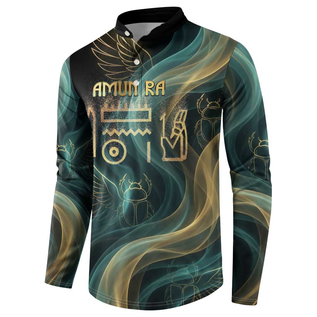 Amun Ancient Egyptian Button Sweatshirt with Mystical Smoke Swirl Pattern, Fiery Ram Head, and Hieroglyphic