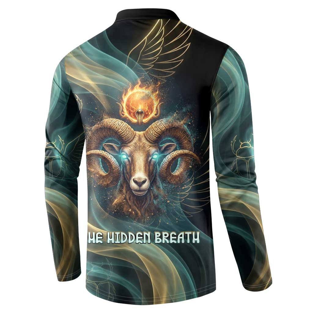 Amun Ancient Egyptian Button Sweatshirt with Mystical Smoke Swirl Pattern, Fiery Ram Head, and Hieroglyphic