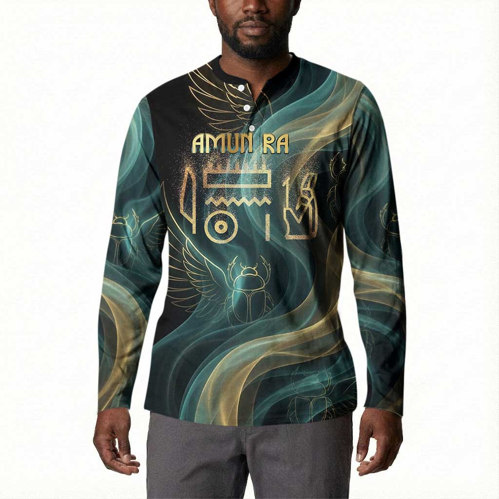 Amun Ancient Egyptian Button Sweatshirt with Mystical Smoke Swirl Pattern, Fiery Ram Head, and Hieroglyphic