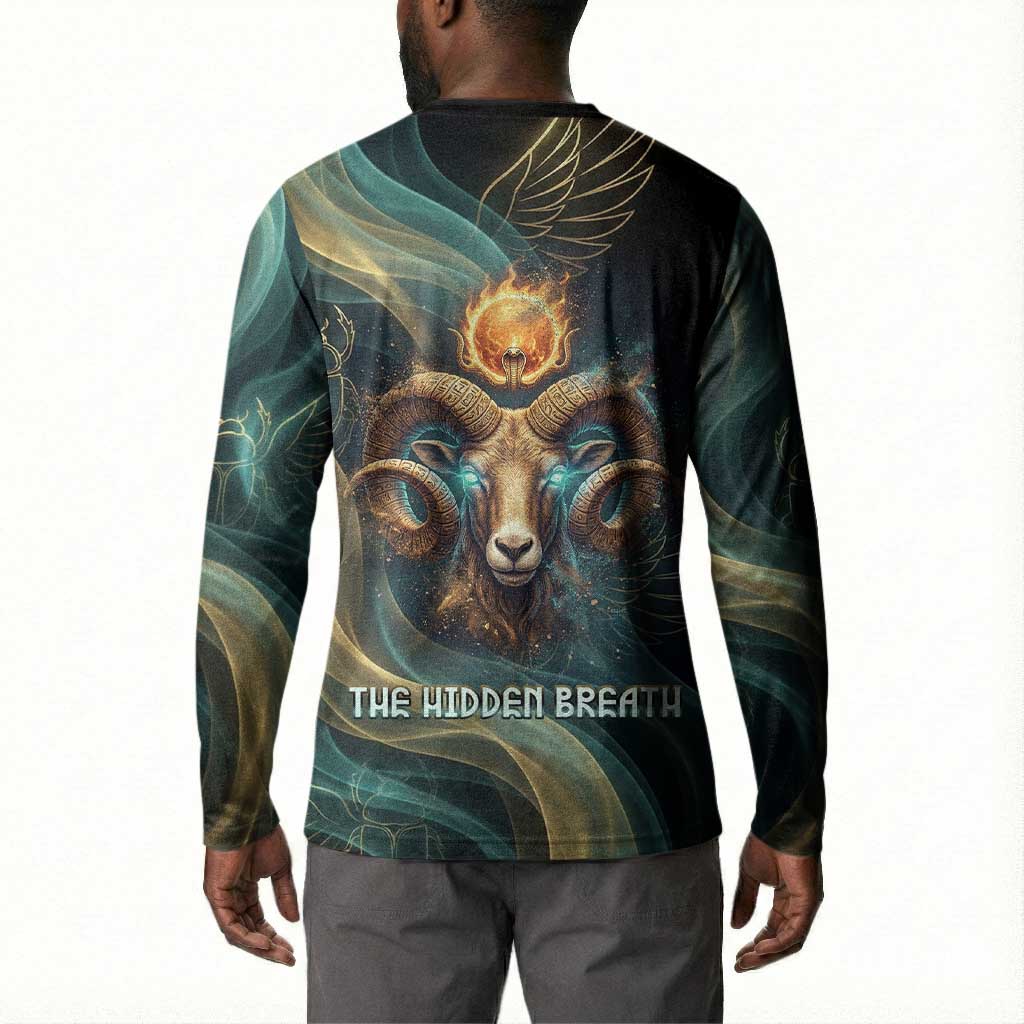 Amun Ancient Egyptian Button Sweatshirt with Mystical Smoke Swirl Pattern, Fiery Ram Head, and Hieroglyphic