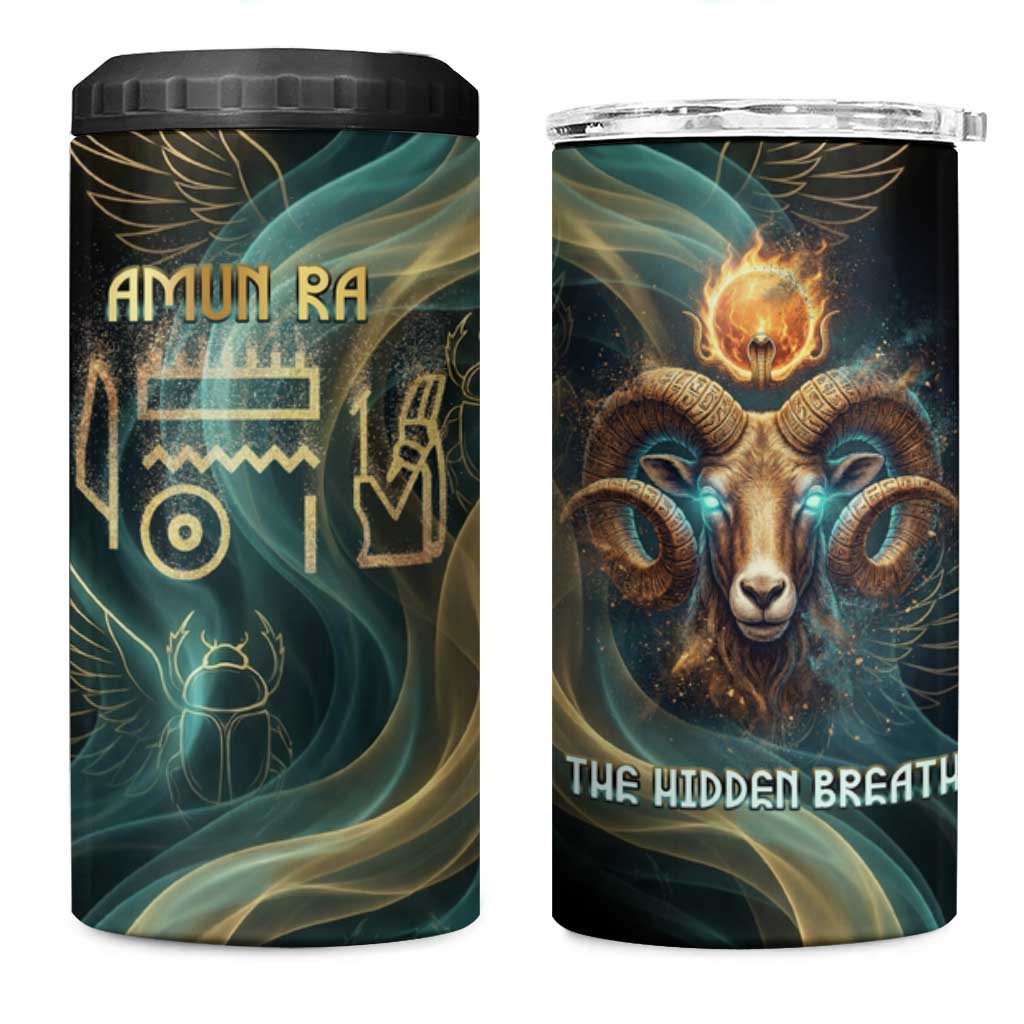 Amun Ancient Egyptian 4 in 1 Can Cooler Tumbler with Mystical Smoke Swirl Pattern, Fiery Ram Head, and Hieroglyphic - African Pride