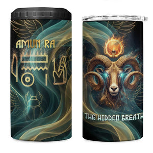 Amun Ancient Egyptian 4 in 1 Can Cooler Tumbler with Mystical Smoke Swirl Pattern, Fiery Ram Head, and Hieroglyphic - African Pride