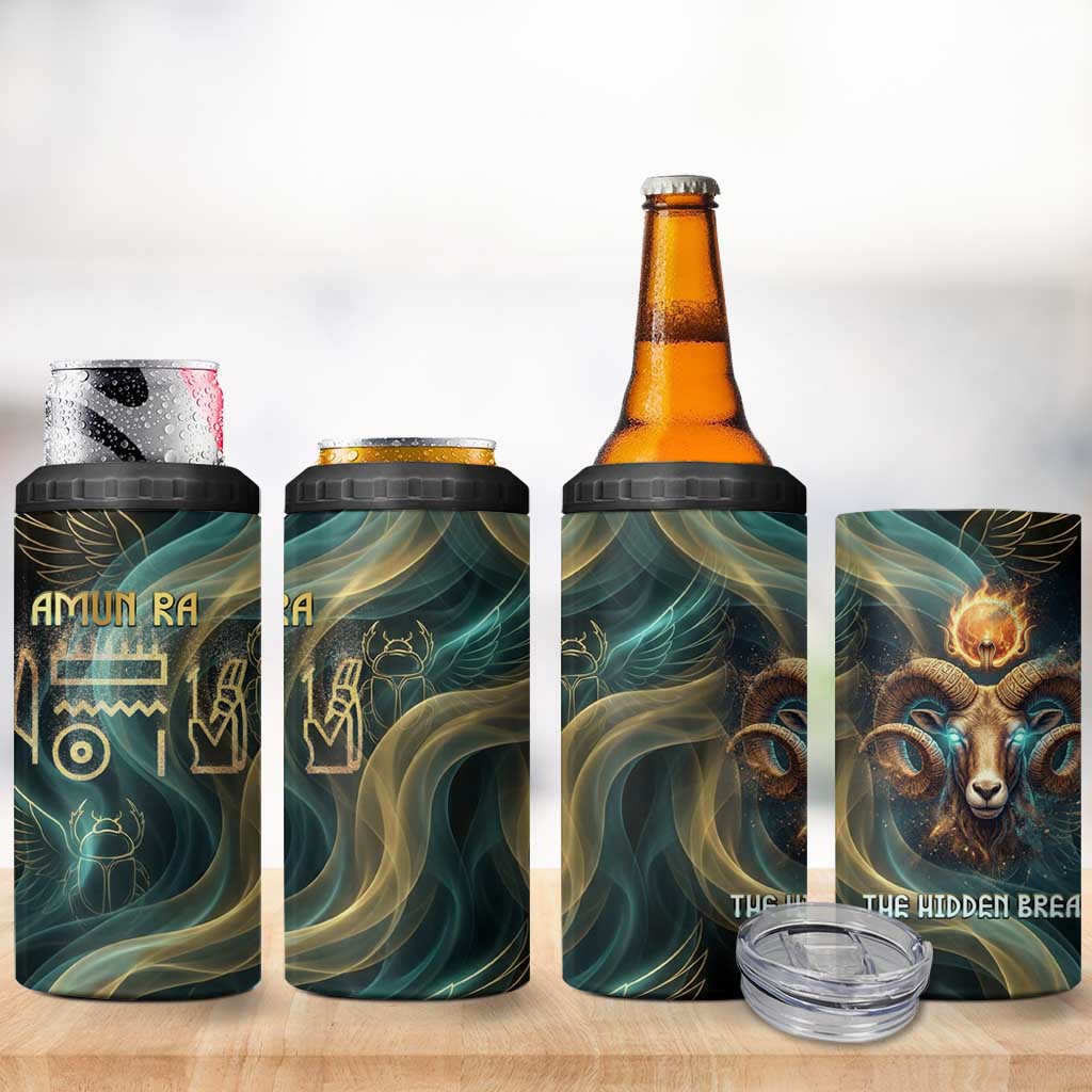 Amun Ancient Egyptian 4 in 1 Can Cooler Tumbler with Mystical Smoke Swirl Pattern, Fiery Ram Head, and Hieroglyphic - African Pride
