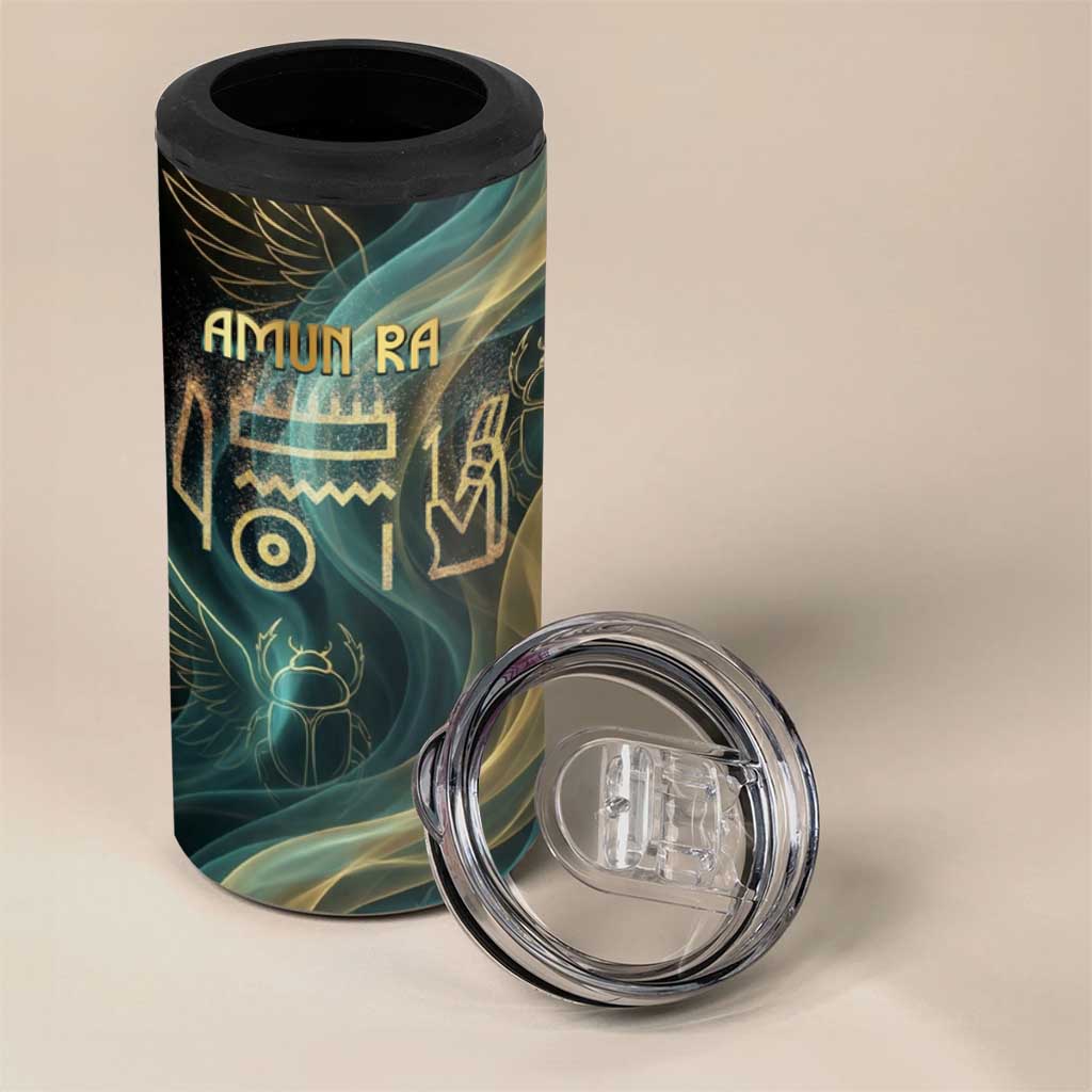 Amun Ancient Egyptian 4 in 1 Can Cooler Tumbler with Mystical Smoke Swirl Pattern, Fiery Ram Head, and Hieroglyphic - African Pride