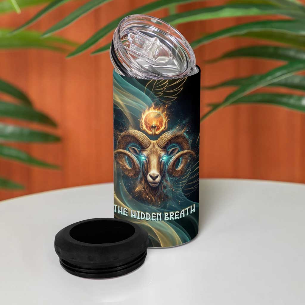 Amun Ancient Egyptian 4 in 1 Can Cooler Tumbler with Mystical Smoke Swirl Pattern, Fiery Ram Head, and Hieroglyphic - African Pride