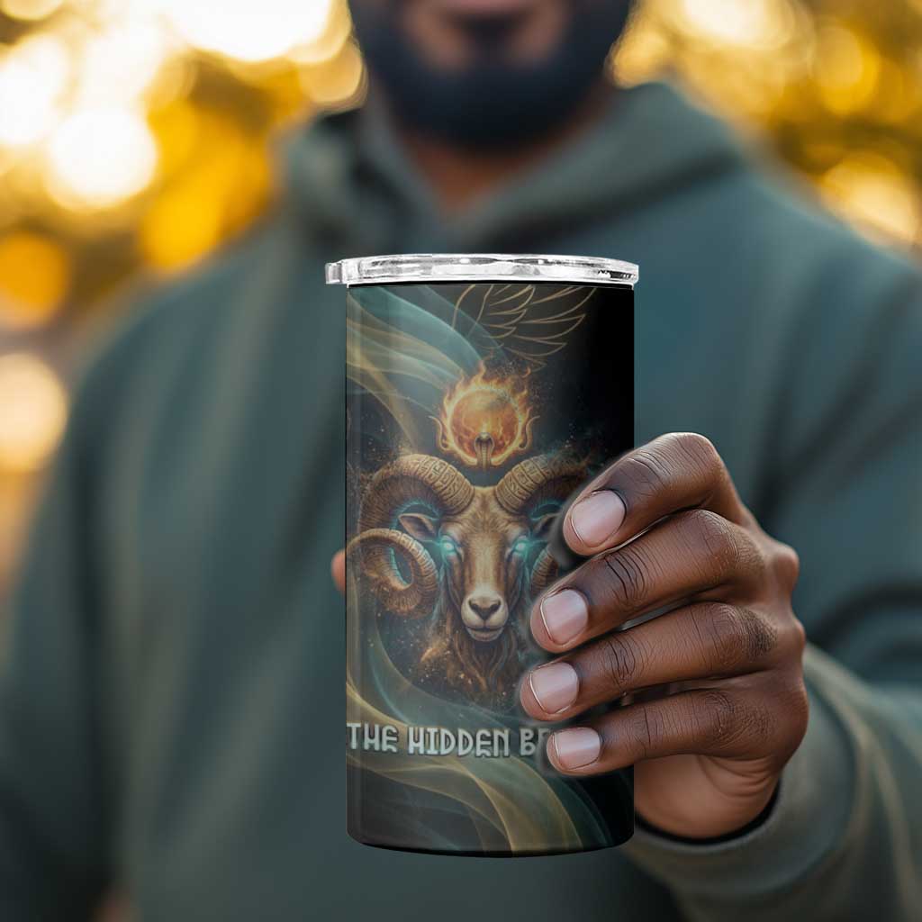 Amun Ancient Egyptian 4 in 1 Can Cooler Tumbler with Mystical Smoke Swirl Pattern, Fiery Ram Head, and Hieroglyphic - African Pride