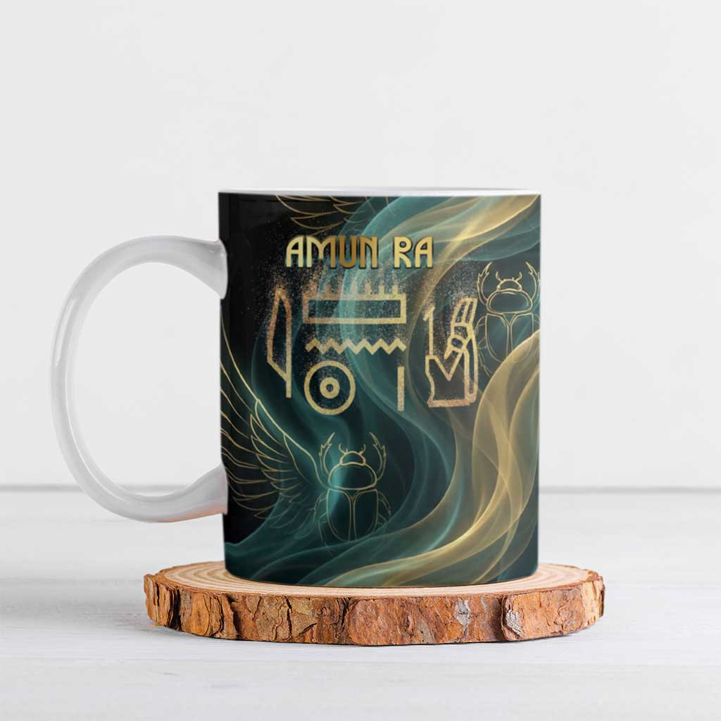 Amun Ancient Egyptian Ceramic Mug with Mystical Smoke Swirl Pattern, Fiery Ram Head, and Hieroglyphic - African Pride