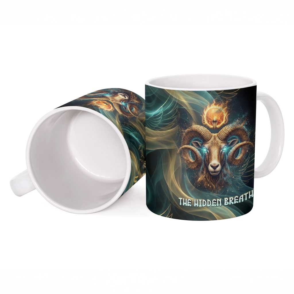 Amun Ancient Egyptian Ceramic Mug with Mystical Smoke Swirl Pattern, Fiery Ram Head, and Hieroglyphic - African Pride