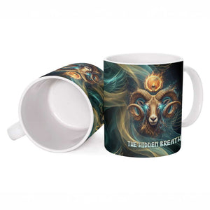Amun Ancient Egyptian Ceramic Mug with Mystical Smoke Swirl Pattern, Fiery Ram Head, and Hieroglyphic - African Pride