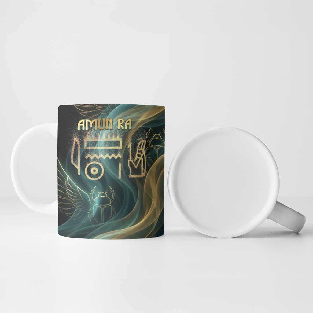 Amun Ancient Egyptian Ceramic Mug with Mystical Smoke Swirl Pattern, Fiery Ram Head, and Hieroglyphic - African Pride