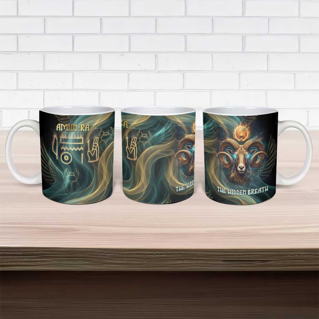 Amun Ancient Egyptian Ceramic Mug with Mystical Smoke Swirl Pattern, Fiery Ram Head, and Hieroglyphic - African Pride
