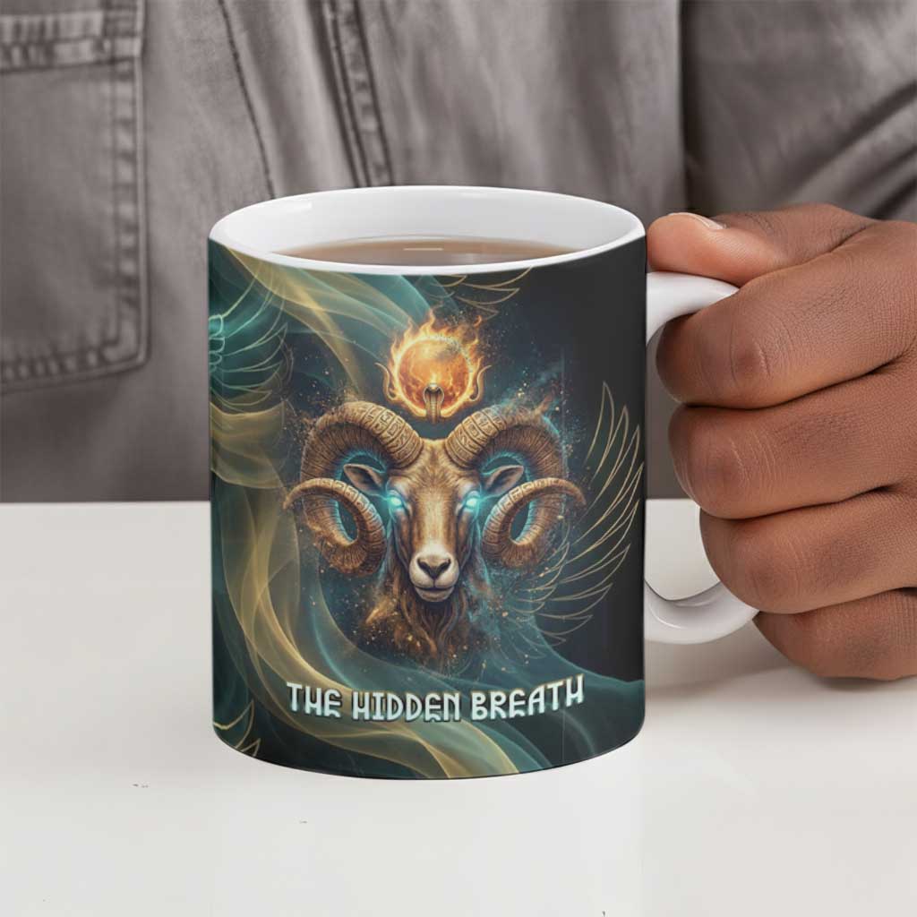Amun Ancient Egyptian Ceramic Mug with Mystical Smoke Swirl Pattern, Fiery Ram Head, and Hieroglyphic - African Pride