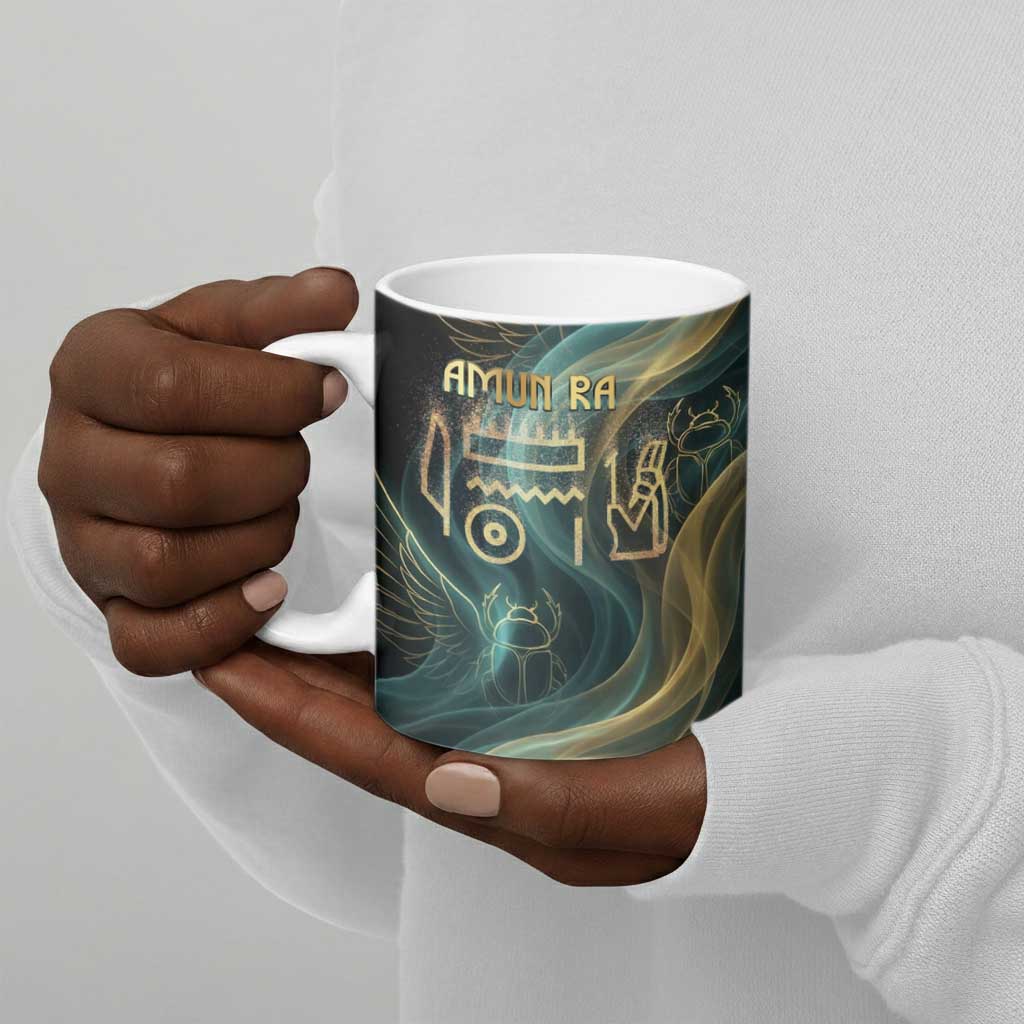 Amun Ancient Egyptian Ceramic Mug with Mystical Smoke Swirl Pattern, Fiery Ram Head, and Hieroglyphic - African Pride