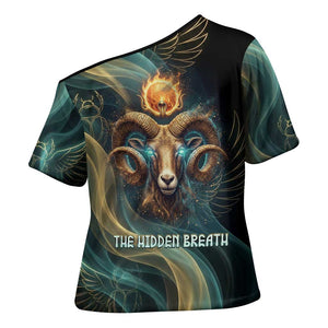 Amun Ancient Egyptian Cross Shoulder Shirt with Mystical Smoke Swirl Pattern, Fiery Ram Head, and Hieroglyphic - African Pride