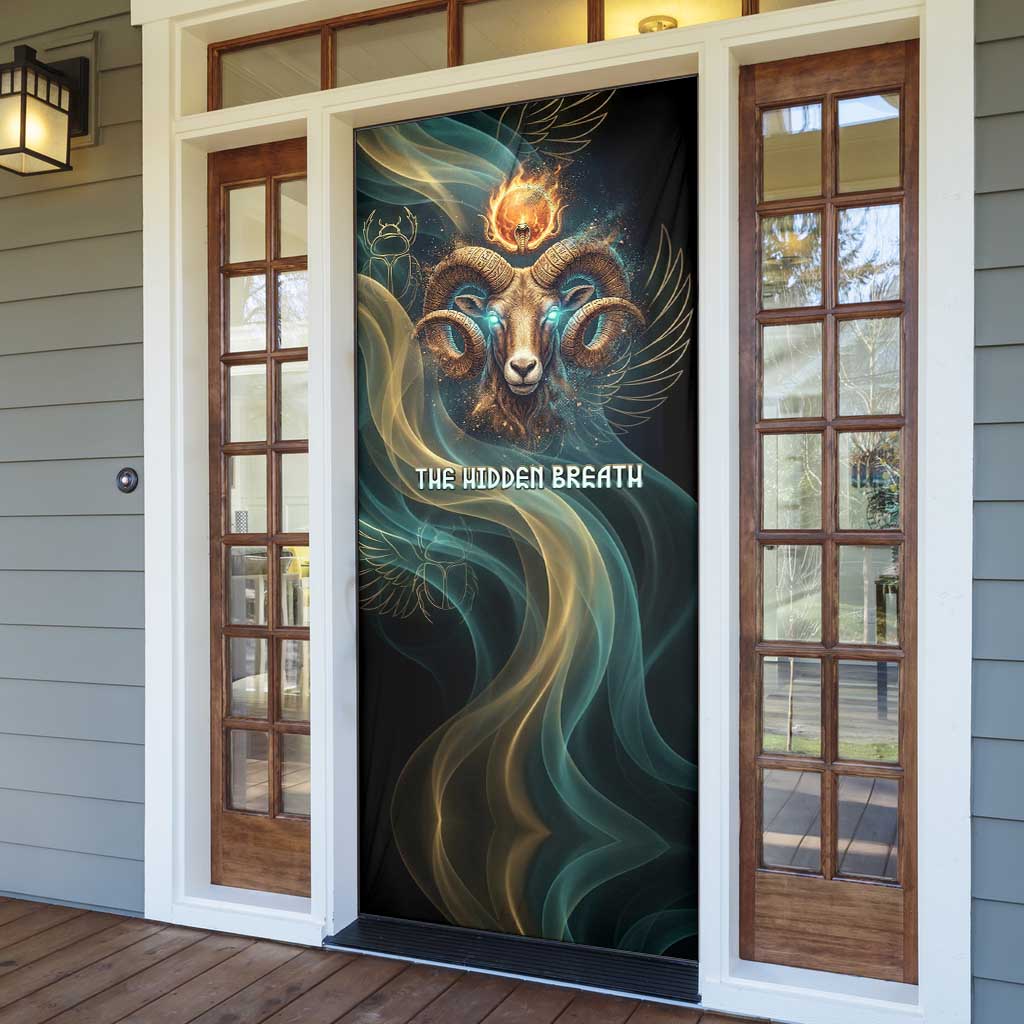 Amun Ancient Egyptian Door Cover with Mystical Smoke Swirl Pattern, Fiery Ram Head, and Hieroglyphic - African Pride