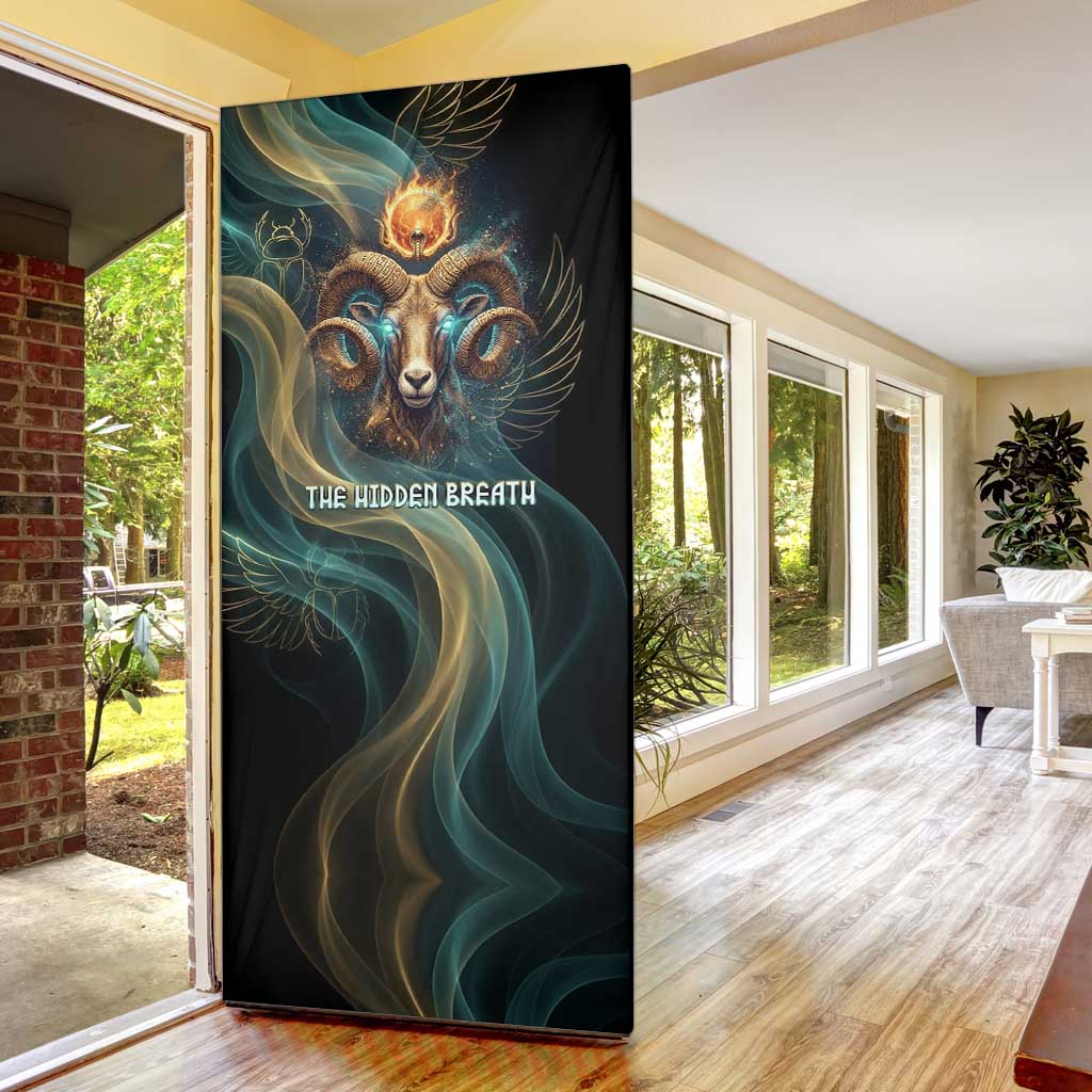 Amun Ancient Egyptian Door Cover with Mystical Smoke Swirl Pattern, Fiery Ram Head, and Hieroglyphic - African Pride