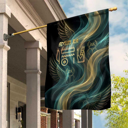 Amun Ancient Egyptian Garden Flag with Mystical Smoke Swirl Pattern, Fiery Ram Head, and Hieroglyphic - African Pride