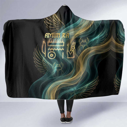 Amun Ancient Egyptian Hooded Blanket with Mystical Smoke Swirl Pattern, Fiery Ram Head, and Hieroglyphic - African Pride