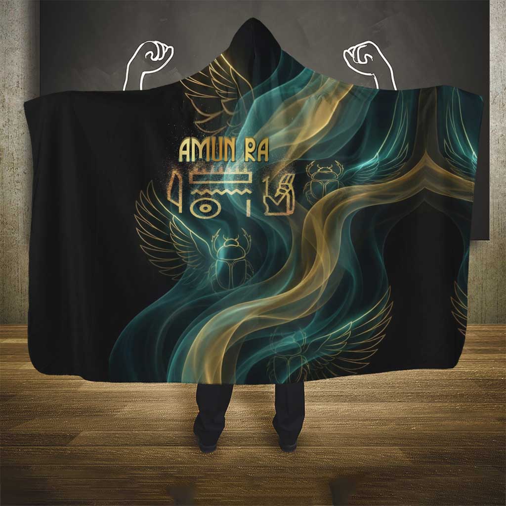 Amun Ancient Egyptian Hooded Blanket with Mystical Smoke Swirl Pattern, Fiery Ram Head, and Hieroglyphic - African Pride